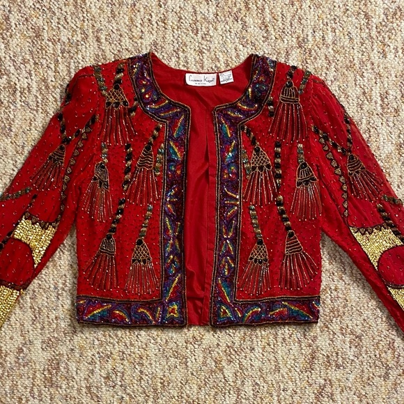 Vintage 80s Lawrence Kazar red beaded evening jacket - Picture 7 of 12